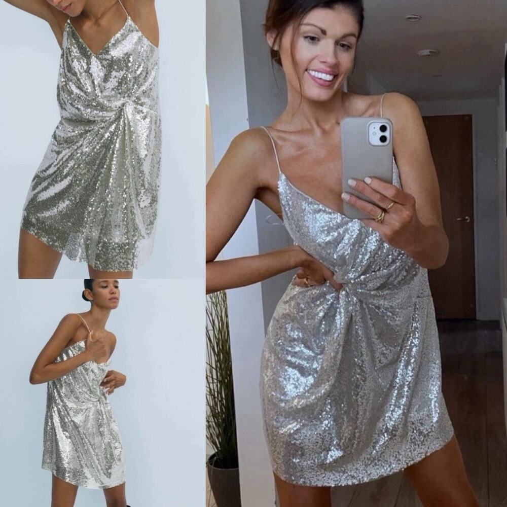Zara Blogger Favorite Silver Sequin Knotted Mini Holiday New Years Dress M